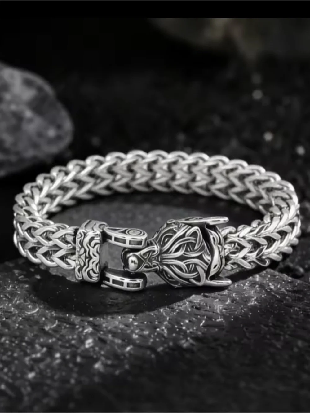Sterling Silver Viking Wolf Bracelet - Braided Chain